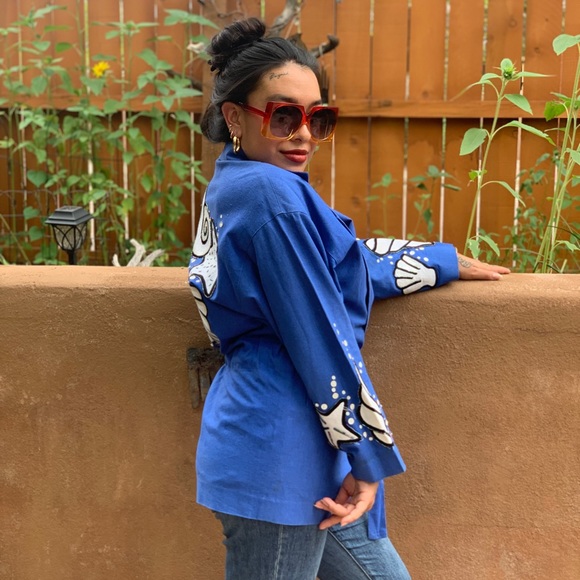 ibe Vintage 1980s Blue Linen Sea Shell Blazer Size 6 Novelty Print - Picture 4 of 12